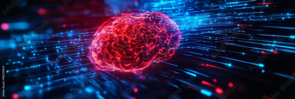 Poster a glowing red brain surrounded by blue and red lines, symbolizing the power of ai in managing modern