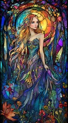 Stained glass art, intricate details, bright colors, full body girl