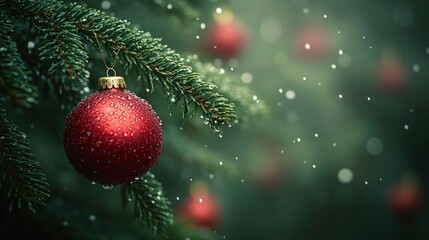 Red Christmas Ornament on a Pine Branch with Snow Falling