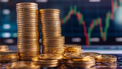 Stacks of gold coins alongside a falling stock market graph and rising interest rates