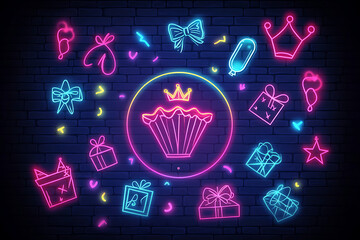  Celebration concept. Confetti and cupcake. Outer glowing effect banner. Holiday design on brick wall. Shiny signs