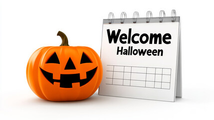 A jack-o'-lantern with a friendly grin sits next to a calendar with the words "Welcome Halloween" written on it. The image symbolizes the upcoming celebration of Halloween, with the jack-o'-lantern re