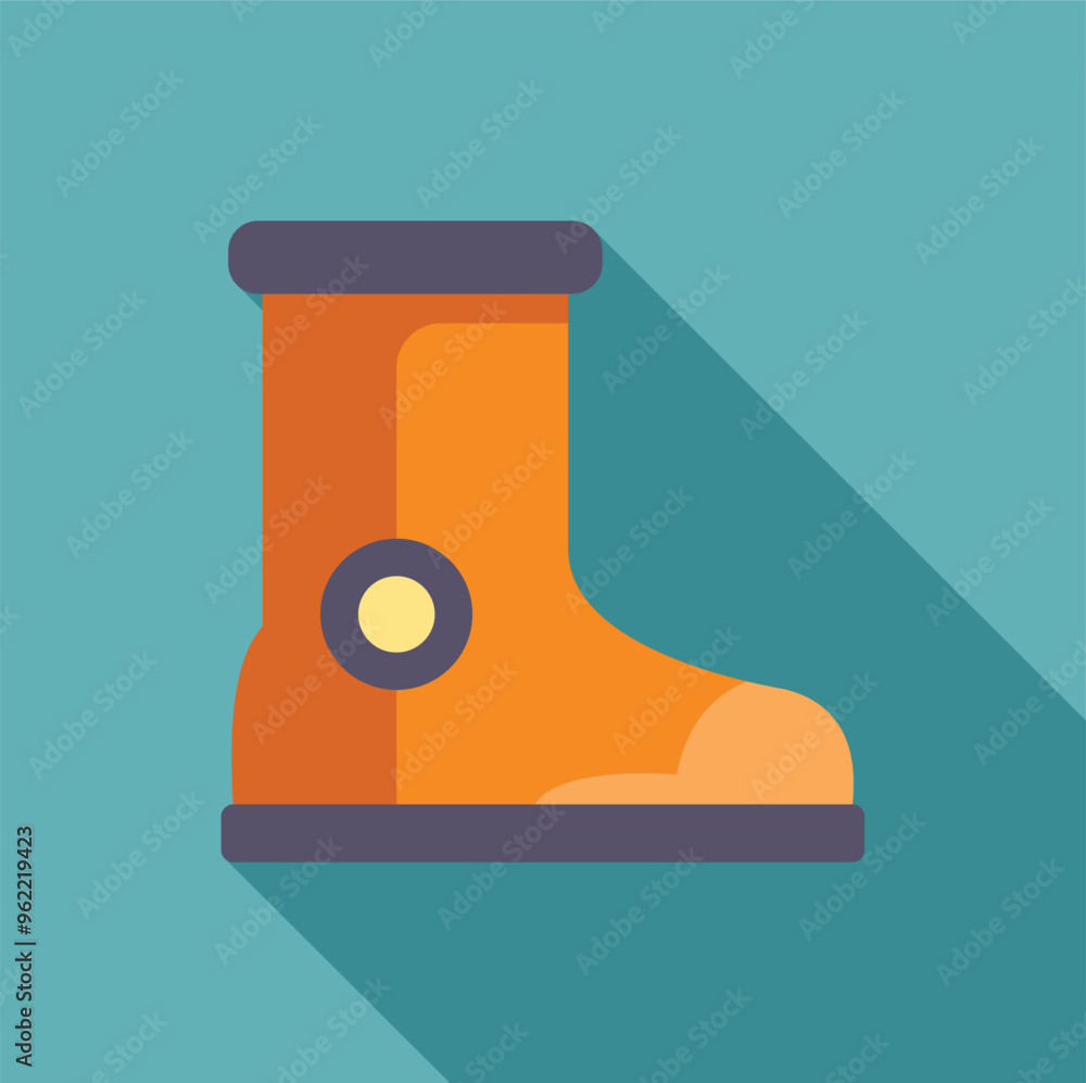 Poster orange rubber boot with a round buckle casting a long shadow on turquoise background, presented in f