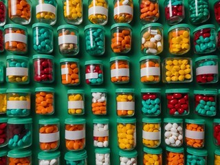 Plastic containers filled with pills arranged on a green background, viewed from above.