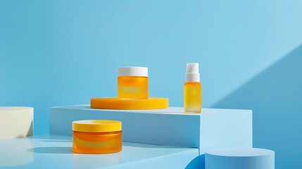 A minimalist and vibrant arrangement of skincare products with bright yellow, white, and orange containers on a clean blue surface, evoking a fresh and modern aesthetic
