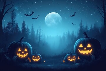 Fototapeta premium Halloween theme with pumpkins and dark forest. Scary Halloween design on table. Jack-o-lantern on the dark forest