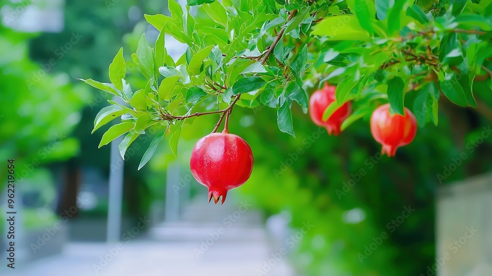 Sticker   Pomegranates dangling from a verdant tree under golden rays in the park