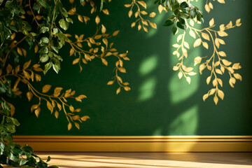 A green wall with gold leaf designs and a natural light streaming in.  The gold leaf branches suggest growth, prosperity and beauty. The green wall signifies nature, peace and harmony. The natural lig