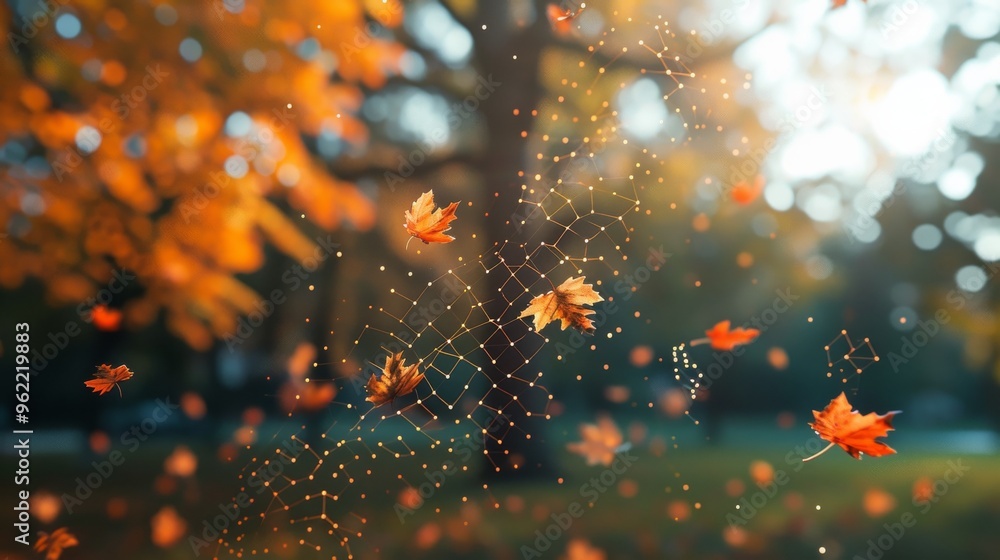 Poster autumn leaves float in mid-air against a blurred park background. digital geometric patterns intertw