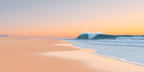 Illustration of a Quiet Beach at Sunrise with a Far-Off Towering Wave