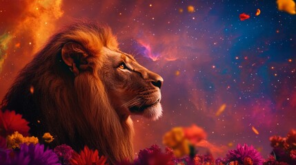 A majestic lion with a flowing mane stands in a field of flowers, gazing up at a vibrant cosmic sky. The image symbolizes power, strength, and the connection between the earthly and the celestial.