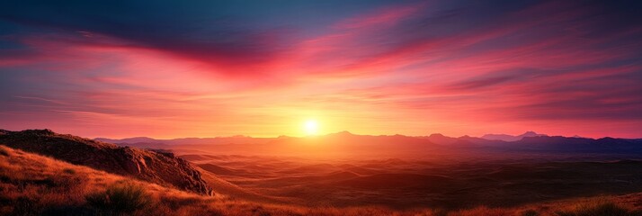 A majestic sunset paints the sky in vibrant hues of orange, pink, and purple, casting a warm glow over the vast desert landscape. The setting sun symbolizes hope, renewal, and the end of a day. The ru