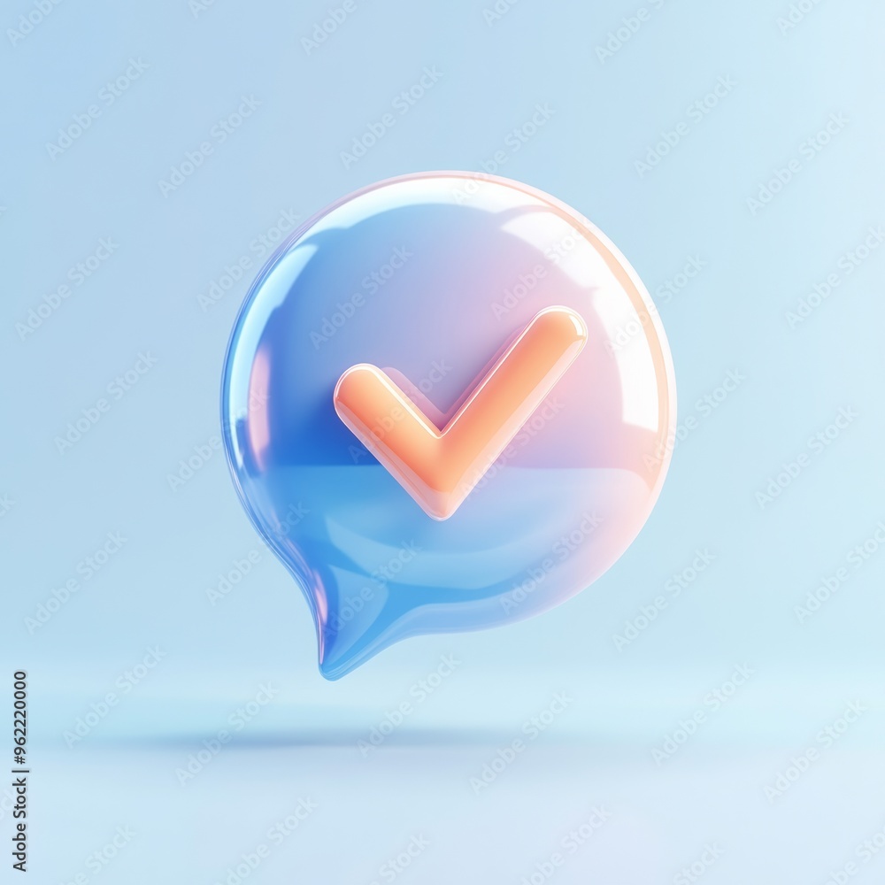 Poster a modern communication 3d bubble with a digital checkmark inside, symbolizing online messaging and c