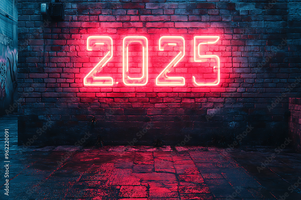 Wall mural 2025 from an electric lamp on the wall. Happy New Year 2025