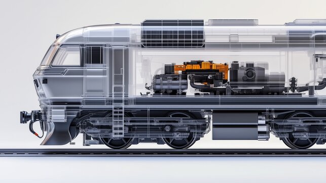 A detailed and realistic of a semi transparent modern locomotive, showcasing its exterior and