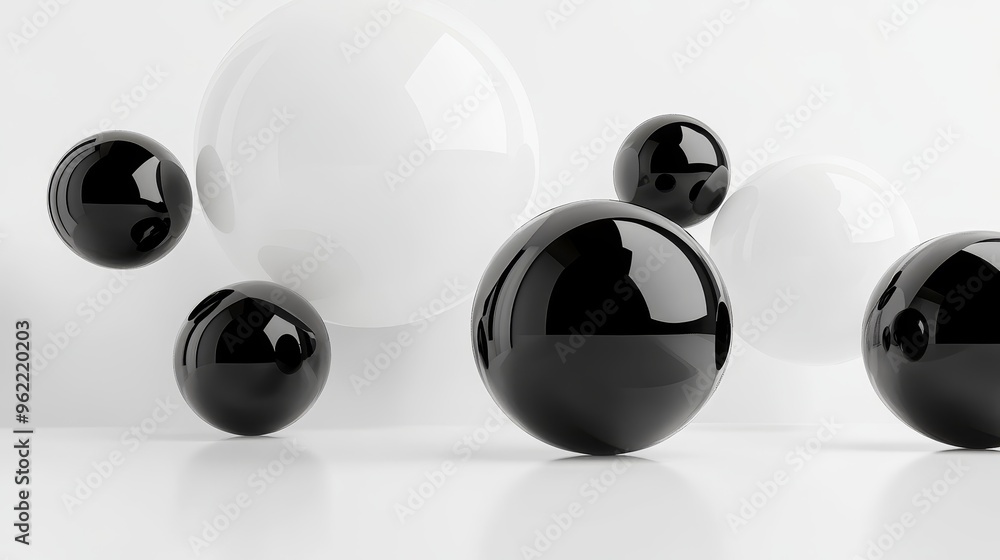 Poster a minimalist abstract background featuring a cluster of black and white spheres on a white surface. 