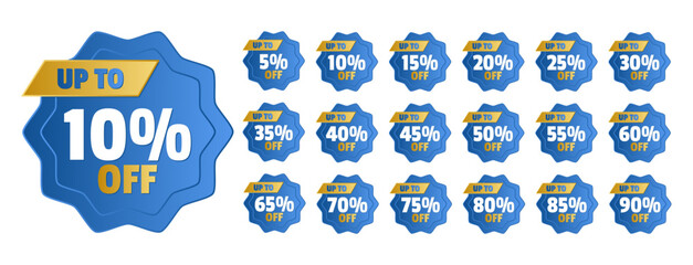 Set of stickers with different discount percentages. Circular shape with points, flower style, in blue, yellow and white with a slight metallic effect and edges.