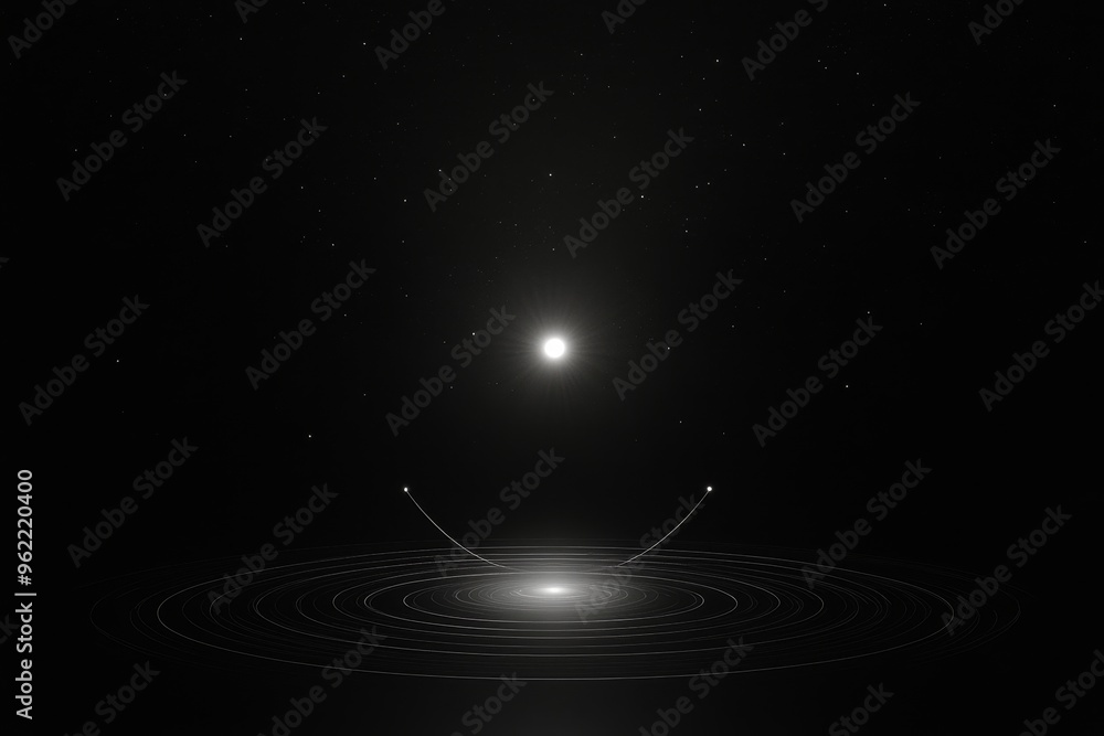 Poster a minimalist design featuring a black background with a central white circle radiating light. surrou