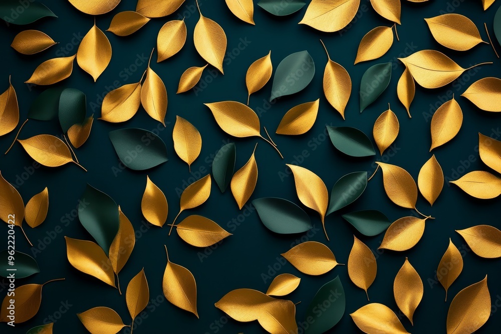 Poster a minimalist design featuring gold and green leaves arranged in a repeating pattern on a dark backgr