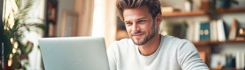 Poster A man is sitting at a desk with a laptop open in front of him