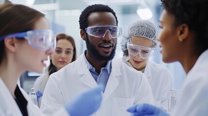 Diverse group of scientists discussing a genomic research project, collaborative innovation, biotech advancements