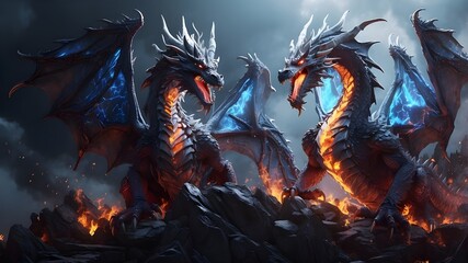 Rendering in a fanciful, rampaging style, are two beautiful dragons that symbolize fire and ice trapped in an unending conflict. The rendering is in 3D and the AI generative.
