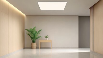 A minimalist interior design featuring a modern square LED ceiling light, wooden wall panels, a potted plant, and a side table, creating a clean and spacious atmosphere. This image represents simplici
