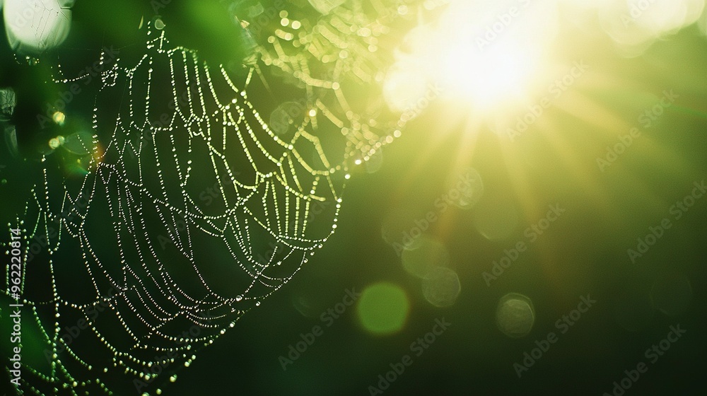 Wall mural a close-up of a spider web glowing with the sun behind it in the background
