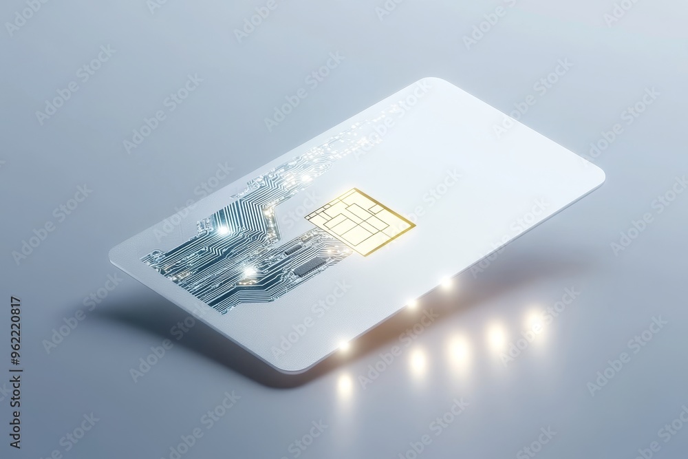 Poster a modern and sleek white biometric access card with an embedded chip and a subtle glow, symbolizing 