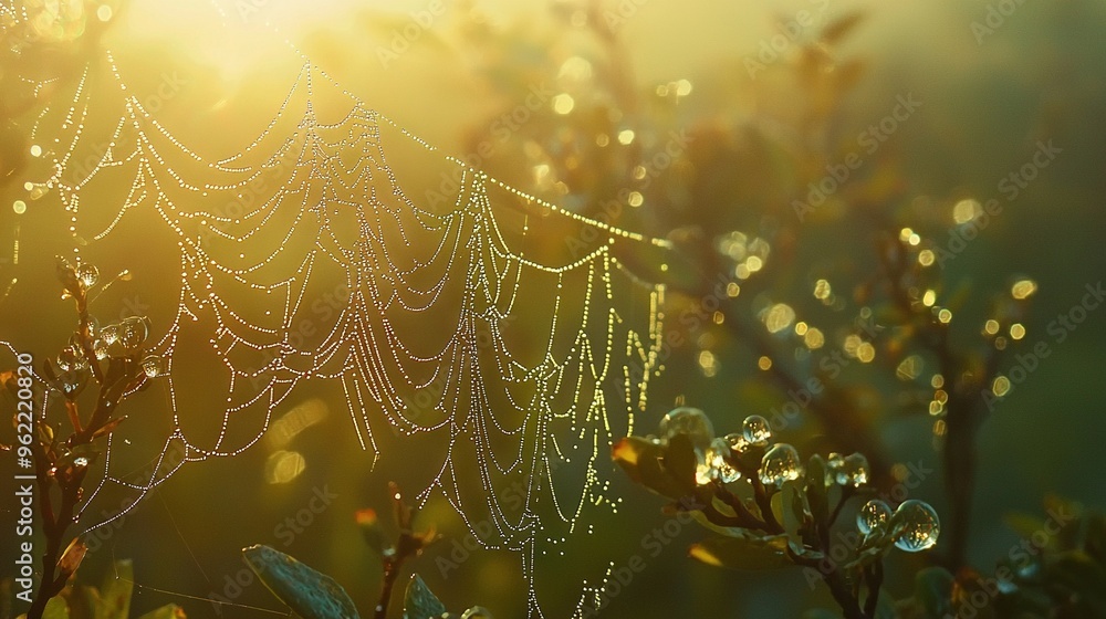 Poster a macro photo of a spider web on a leaf with moisture droplets and the sun shining behind