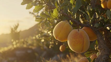 Lots of ripe fruit on top of a lush green hillside next to a forest