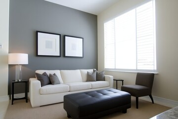 Fototapeta premium A modern living room with a gray accent wall, white sofa, black coffee table, and large window with white blinds. The room is decorated with minimalist artwork and a floor lamp. It creates a calming a
