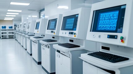 Fototapeta premium Laboratory scene with advanced genomic sequencing machines, future of biotechnology, gene sequencing tools