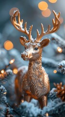Gold deer statue in a snowy tree with lights