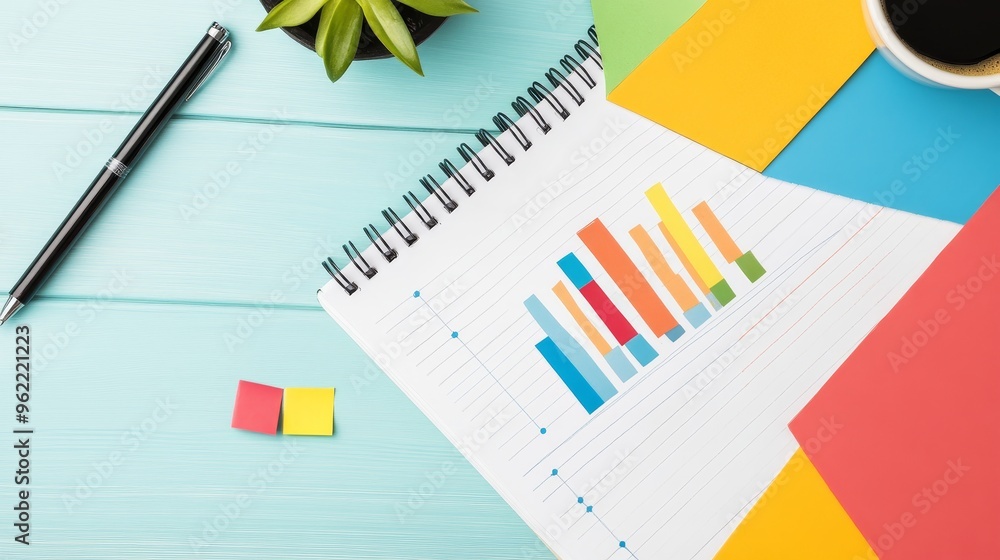Poster a notebook with a colorful bar graph and sticky notes, representing planning, organization, data ana