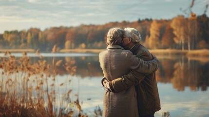 Tranquil retirement  senior couple embracing by peaceful lake, enjoying serene lifestyle