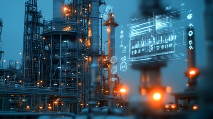 Fototapeta premium A nighttime view of an industrial complex with digital overlay, symbolizing automation, technology, efficiency, future, and progress.