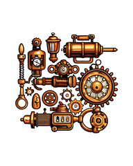 A collection of intricate steampunk gadgets, featuring gears, cogs, clockwork, and other mechanical elements.