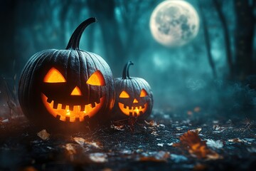 Naklejka premium Halloween theme with pumpkins and dark forest. Scary Halloween design on table. Jack-o-lantern on the dark forest