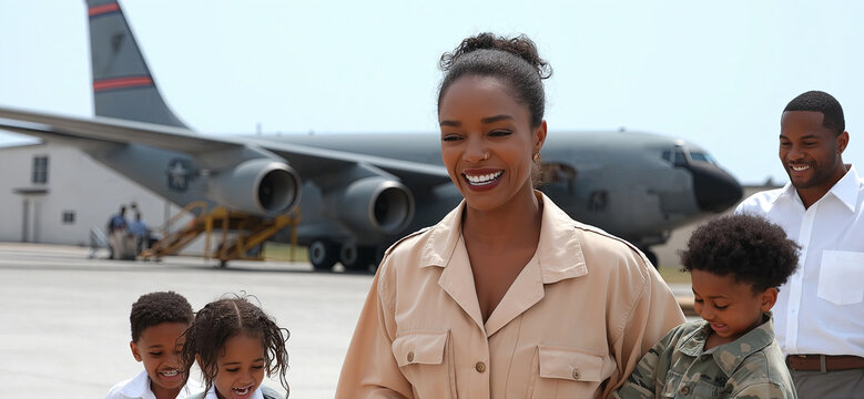 Happy Military Family Reunion at Airfield with Cargo Aircraft - Powered by Adobe