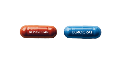 Red Pill With The Word Republican & Blue Pill With The Word Democrat On A Transparent Background