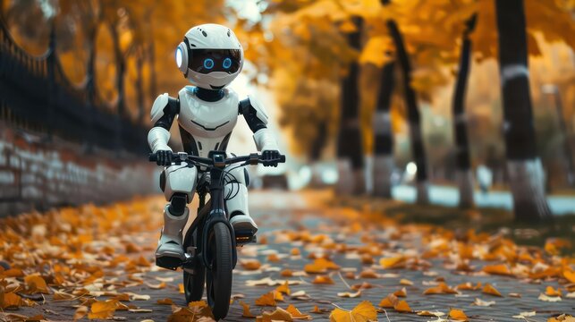 A white humanoid robot rides a bicycle down a path lined with autumn leaves.