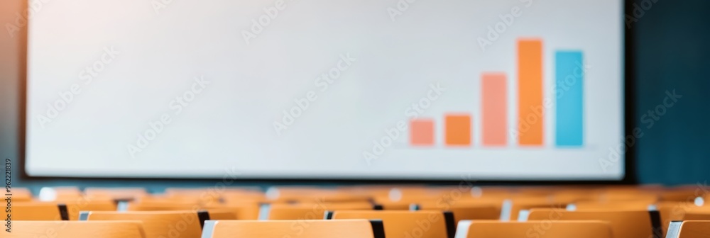 Poster a projector screen displays a graph showing positive growth, with rows of empty seats in the foregro