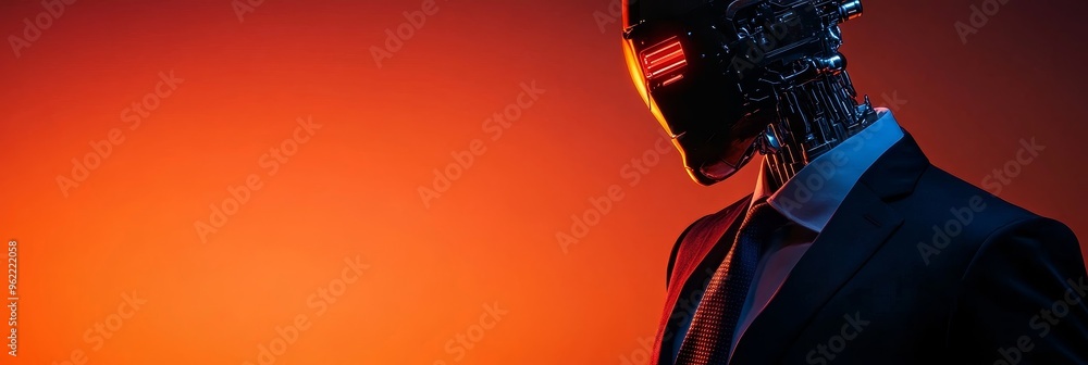 Poster a robot in a suit, standing against a red background. the robot is a symbol of artificial intelligen