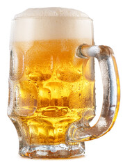 Glass of lager beer whis beer foam and water drops isolated on a white background. File contains clipping path.