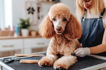 Pet groomer gently trimming a fluffy poodle's fur with copyspace, grooming tools neatly arranged. Soft, diffused light. Cozy pet salon background.