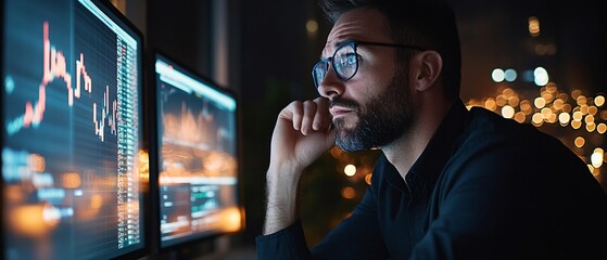 Intense Financial Analyst Analyzing Charts in Late Night Office with City Lights View Business Data Analysis Concept