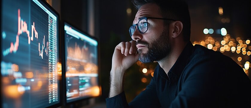Intense Financial Analyst Analyzing Charts in Late Night Office with City Lights View Business Data Analysis Concept