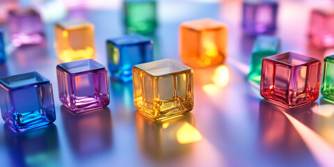 Floating multi-colored cubes with semi-transparent faces, arranged over a light surface, casting intricate and colorful reflections.