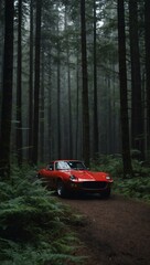 Red sports car drifting through a dense forest.